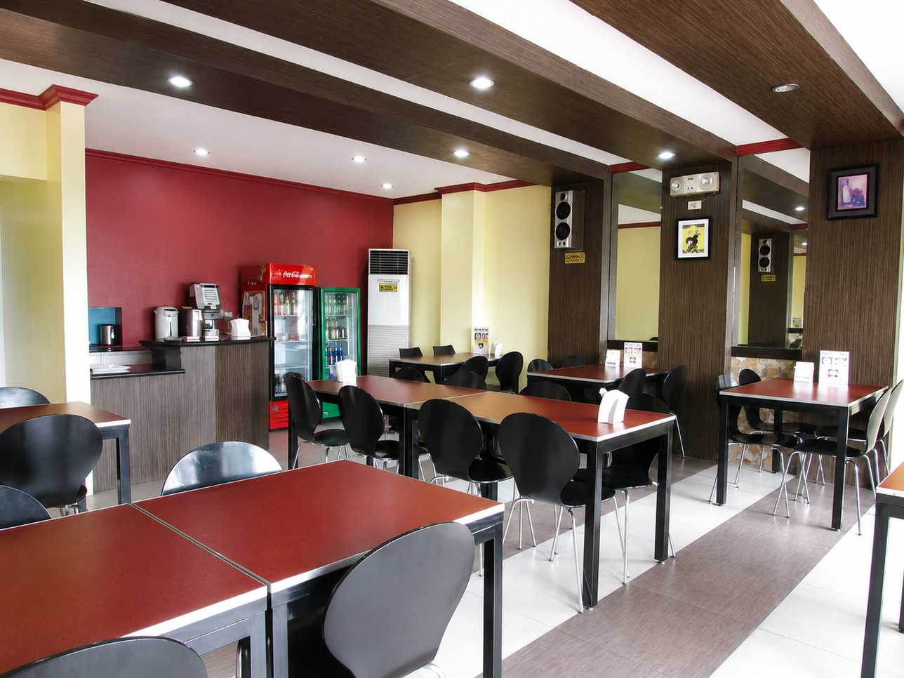 On-site dining area with practical seating and service counter